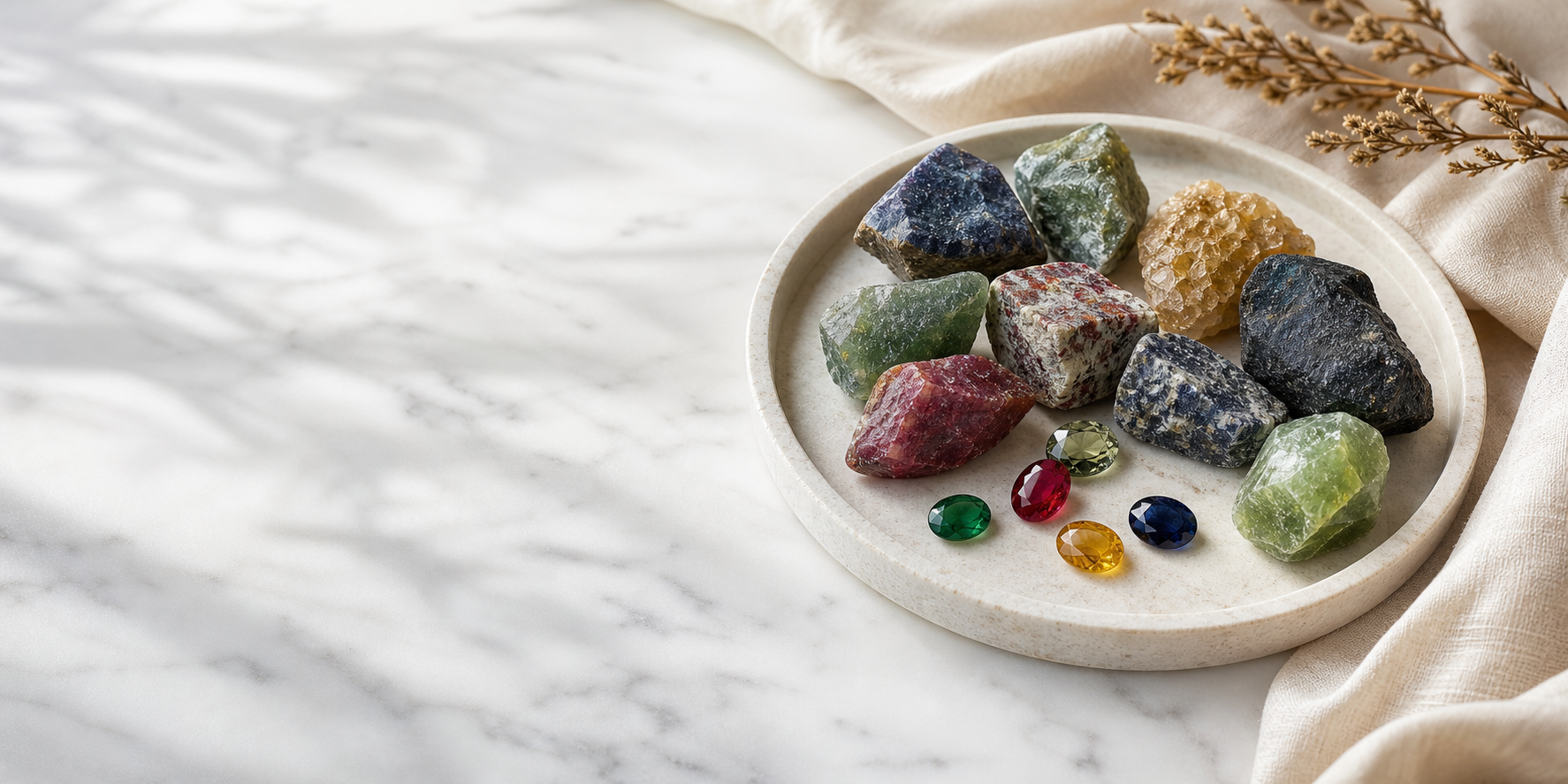 Raw rough gemstones and polished loose gems