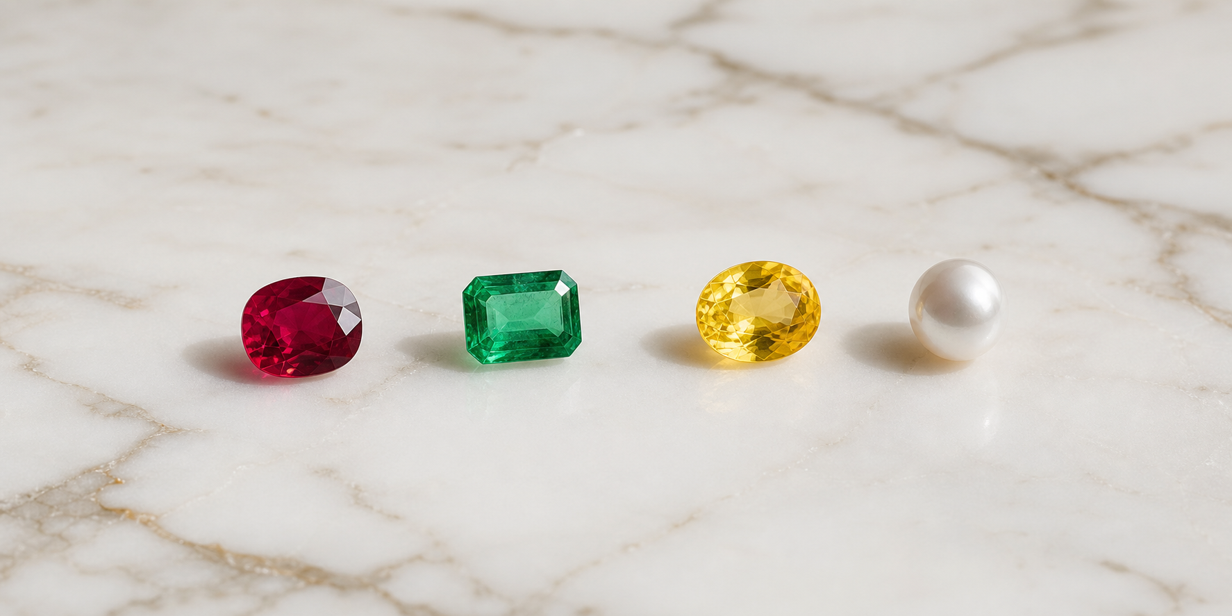 Natural gemstone collection on white marble