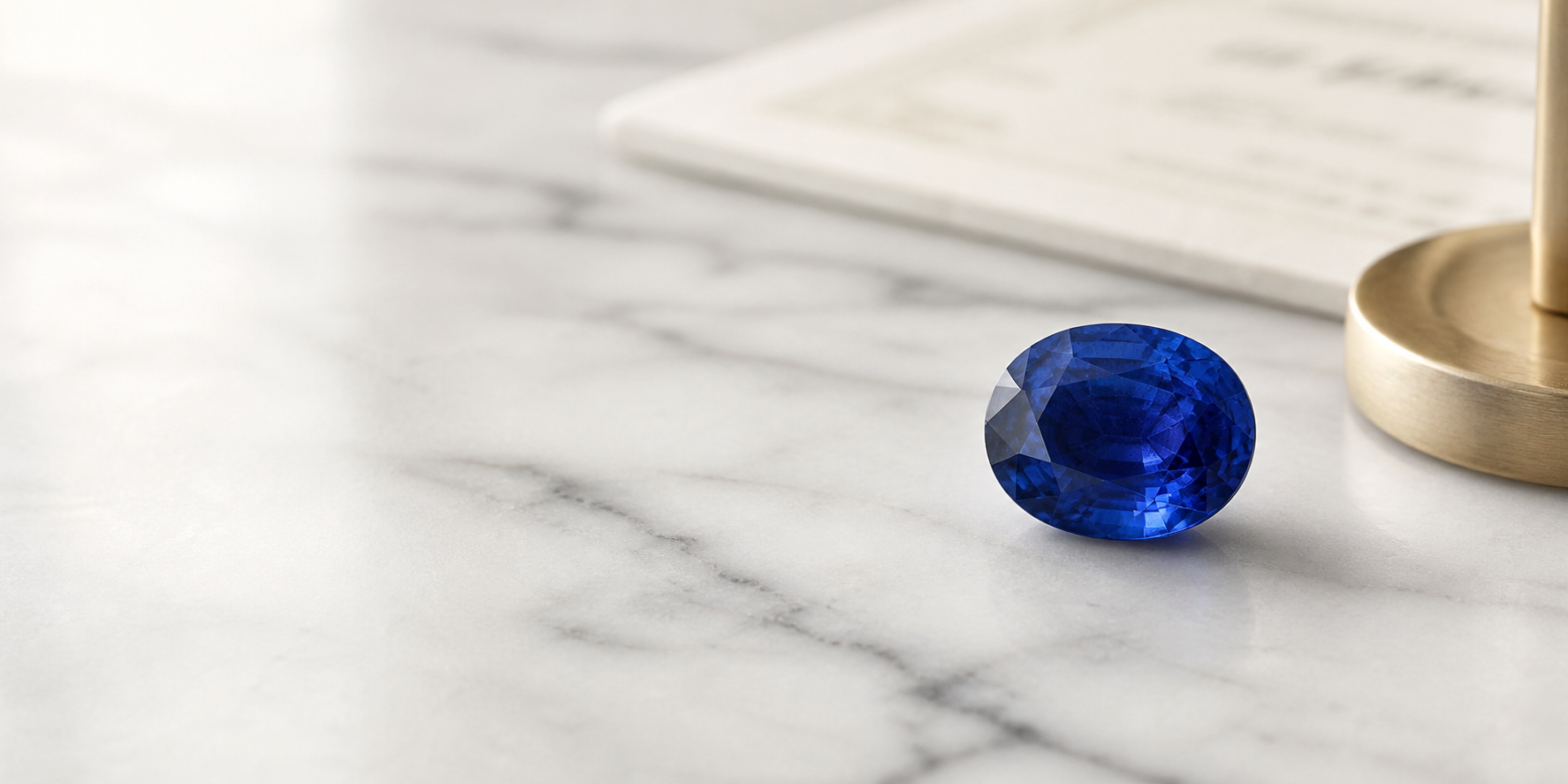 Natural blue sapphire on white marble