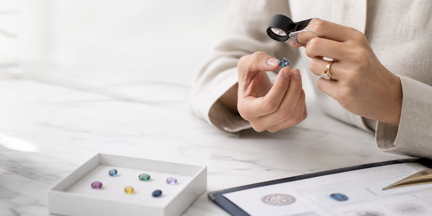 Gemstone expert examining a loose blue gemstone