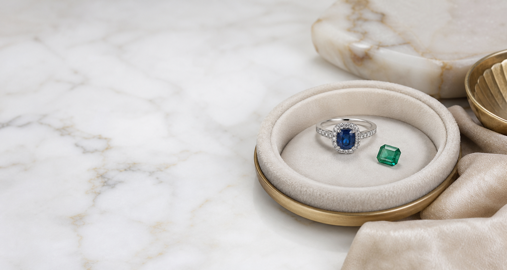 Blue sapphire ring and emerald displayed in a refined jewellery tray