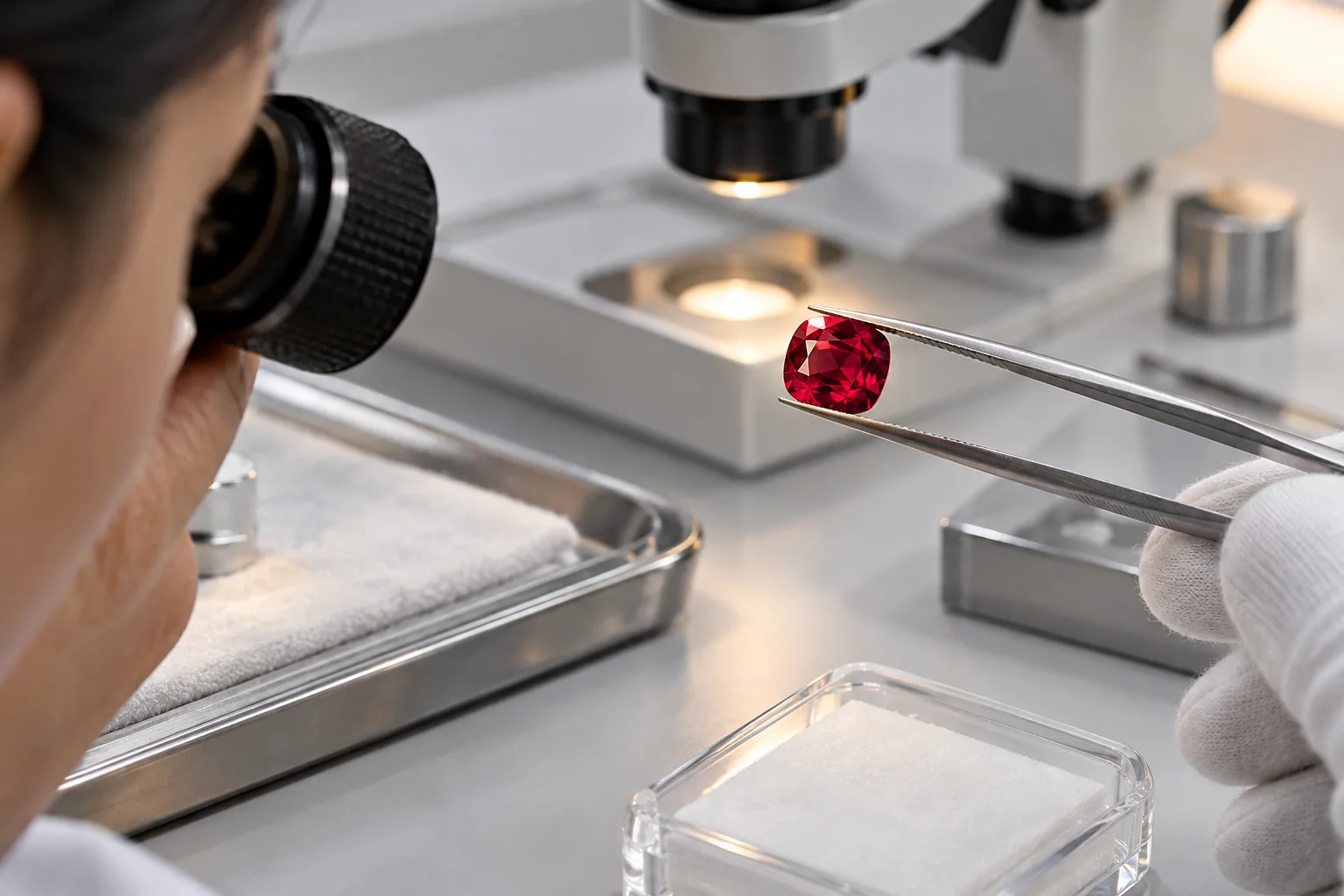 Gemologist examining a ruby under laboratory lighting