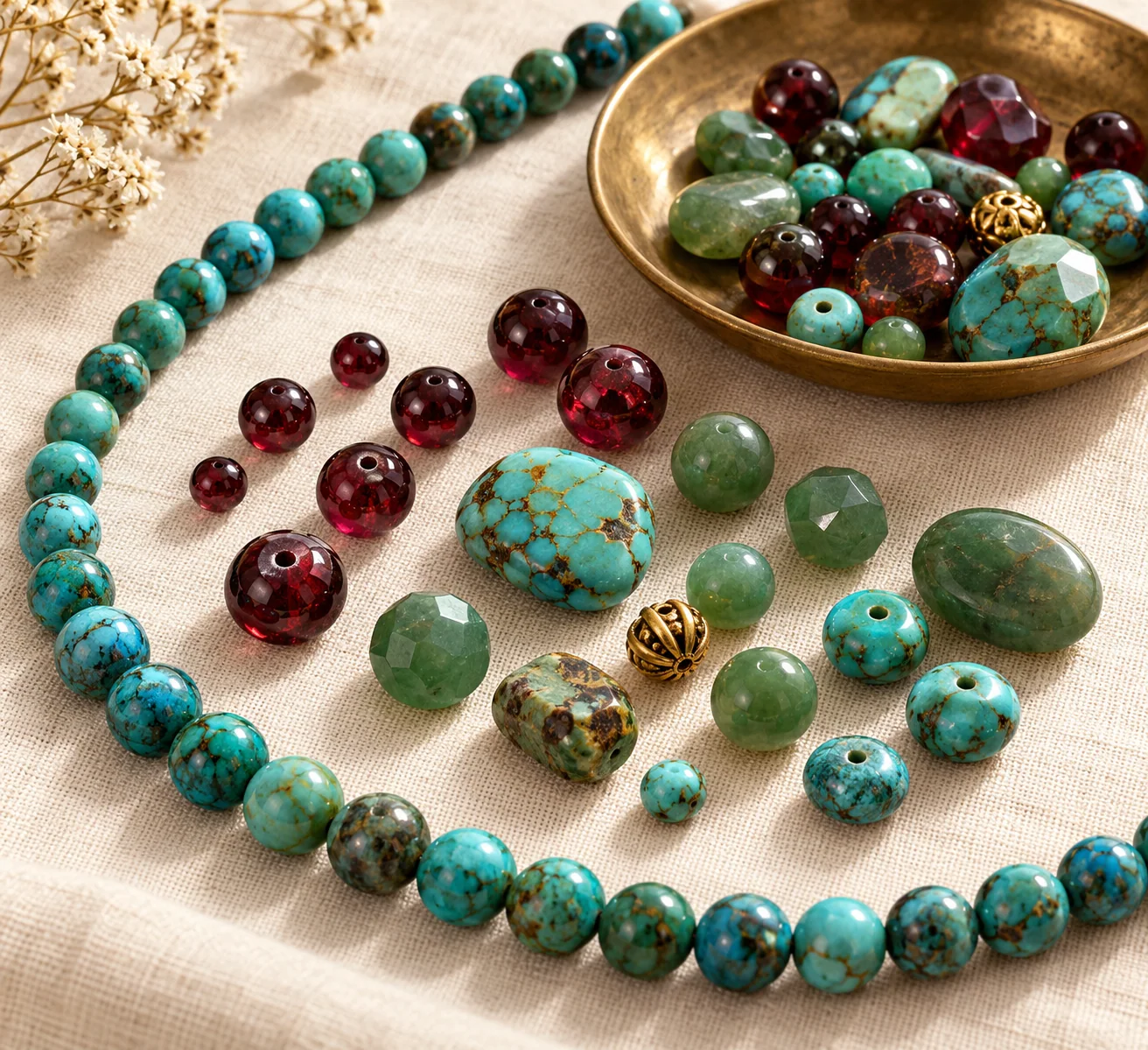 Gemstone beads and strands arranged by colour
