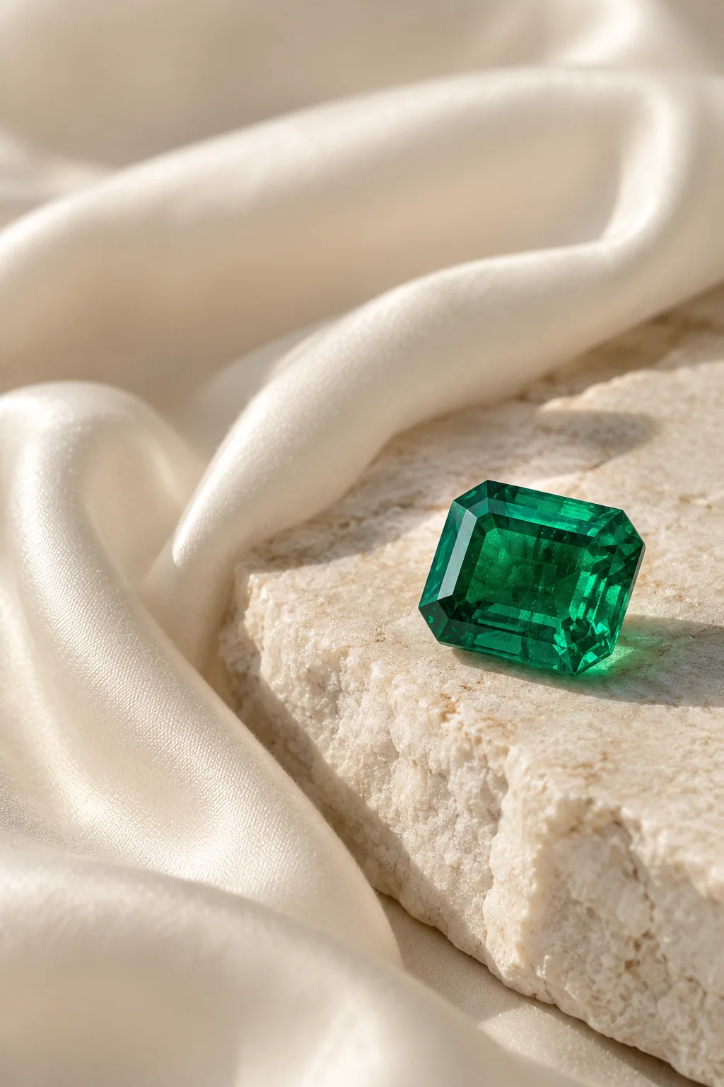Emerald gemstone on natural linen