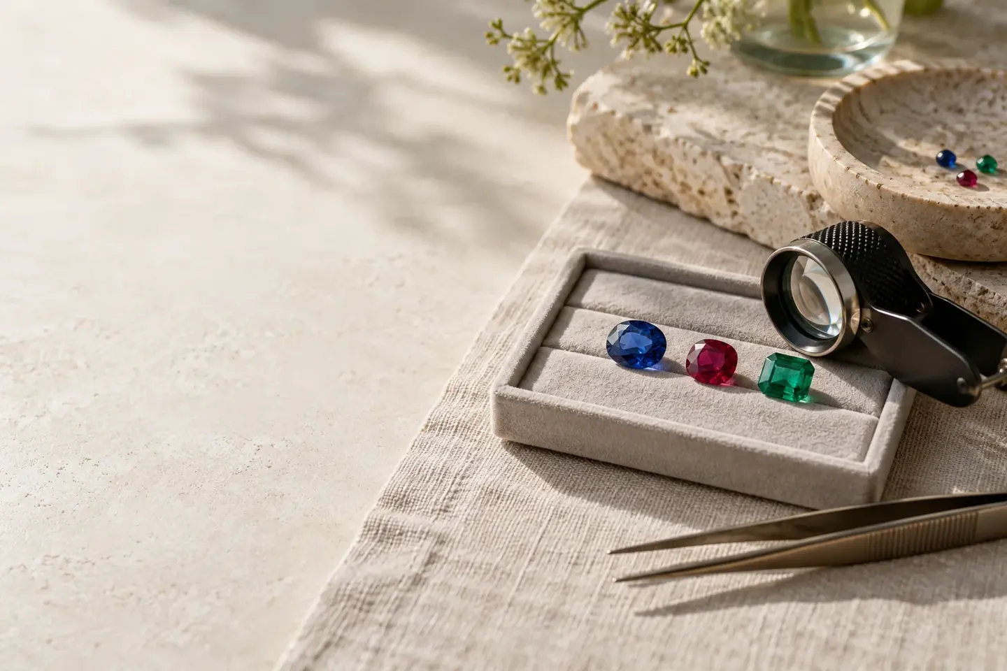 Gemstones and examination tools in a KhyatiGems brand composition