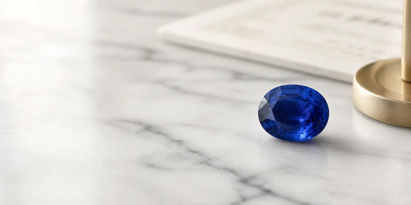 Blue faceted gemstone in the KhyatiGems brand artwork